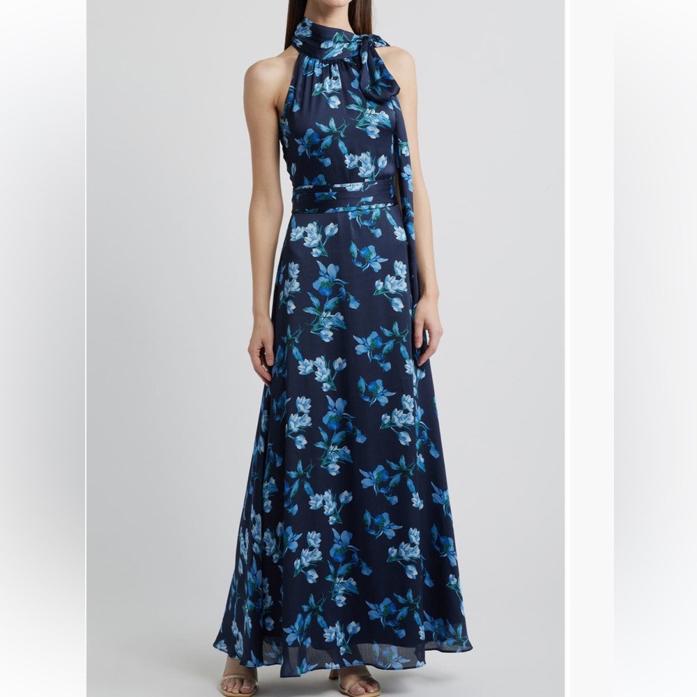 Sachin + Babi Kayla Crinkle Georgette One Shoulder Floral Gown in Blue EUC - Picture 6 of 14